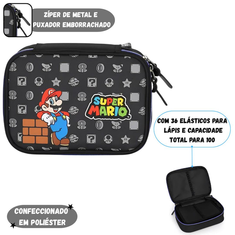Estojo Box Escolar Super Mario Grande Juvenil Elástico 100 Pens Menino Nintendo Volta às Aulas Jogo