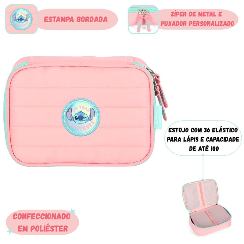 Estojo Box Stitch Disney Escolar Juvenil 100 Pens 36 Elástico Volta Aulas Organizador