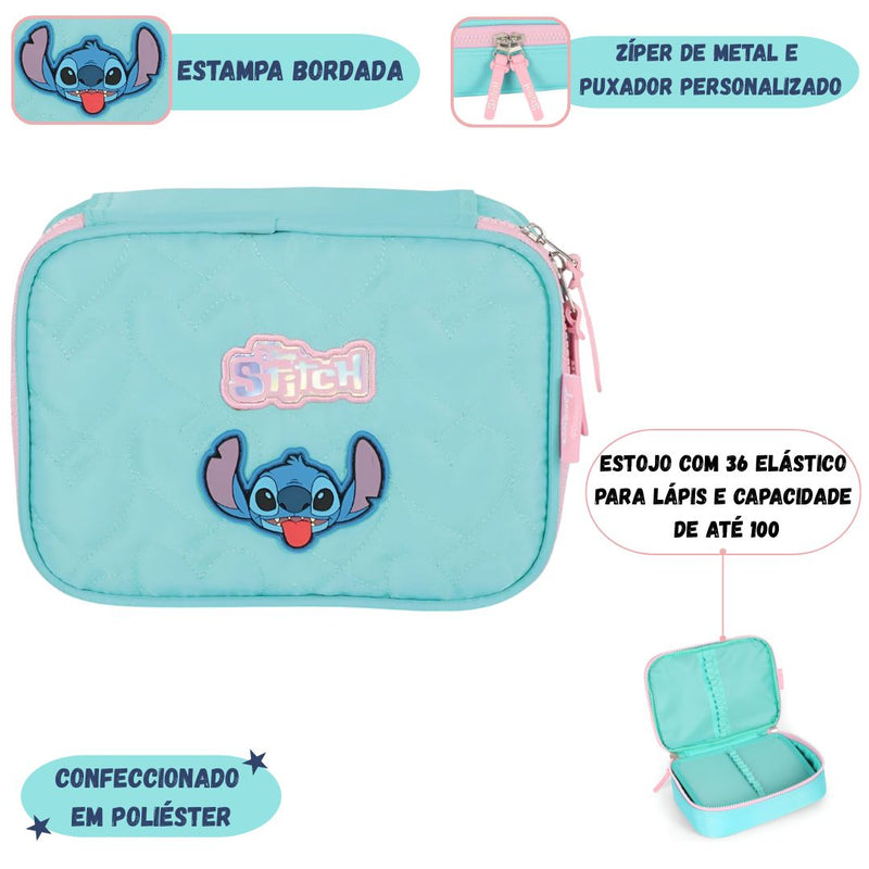 Estojo Box Stitch Disney Escolar Juvenil 100 Pens 36 Elástico Volta Aulas Organizador