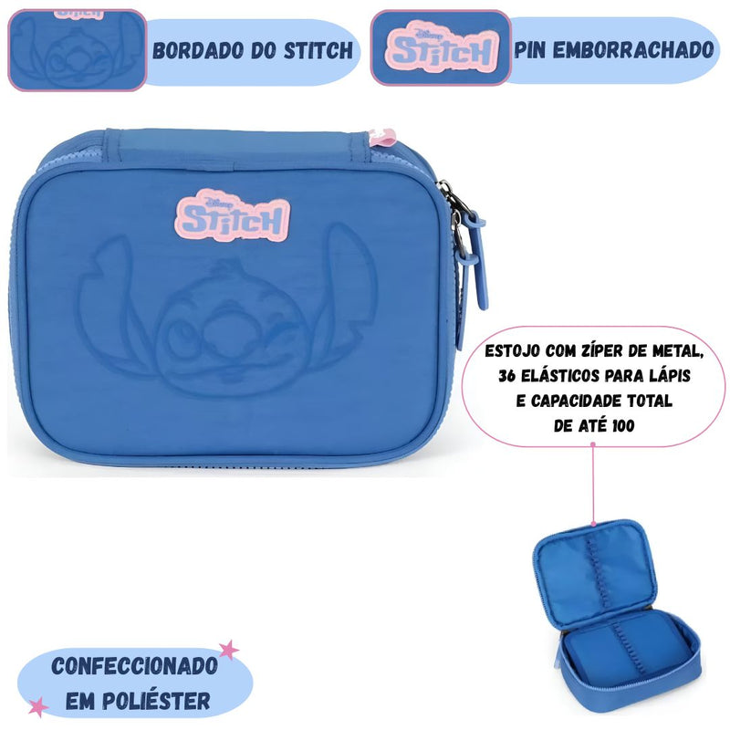 Estojo Box Stitch Disney Escolar Juvenil 100 Pens 36 Elástico Volta as Aulas Organizador