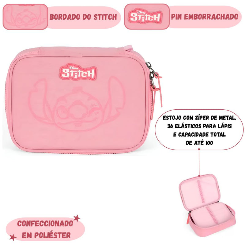 Estojo Box Stitch Disney Escolar Juvenil 100 Pens 36 Elástico Volta as Aulas Organizador