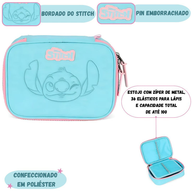 Estojo Box Stitch Disney Escolar Juvenil 100 Pens 36 Elástico Volta as Aulas Organizador