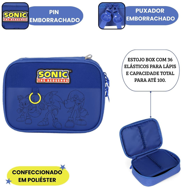 Estojo Box Sonic Escolar Juvenil Meninos 36 Elásticos 100 Pens Game Nintendo Volta as Aulas Estudo