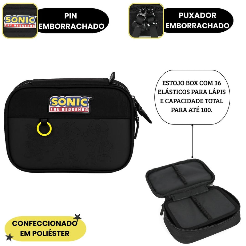 Estojo Box Sonic Escolar Juvenil Meninos 36 Elásticos 100 Pens Game Nintendo Volta as Aulas Estudo