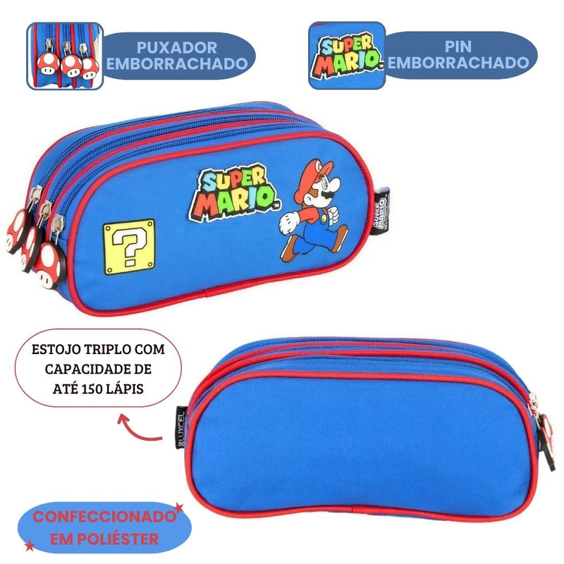Estojo Triplo Escolar Super Mario Juvenil 100 Pens Espaçoso Volta às Aulas Nintendo Estudo Game Ponto Criativo