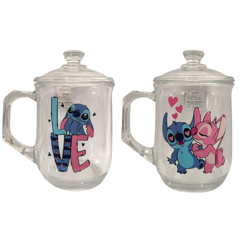 Caneca de Vidro 380ML Com Tampa Stitch Angel e Love Presente Leite Chá Café Disney