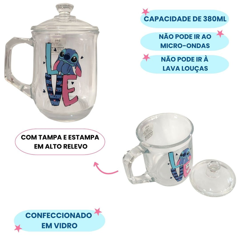 Caneca de Vidro 380ML Com Tampa Stitch Angel e Love Presente Leite Chá Café Disney