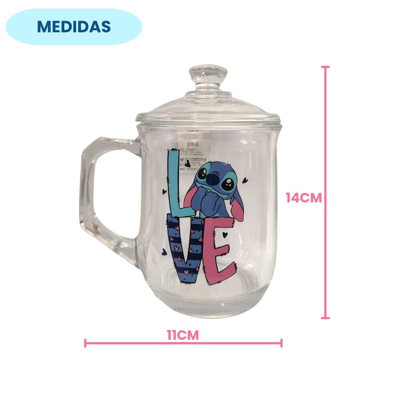 Caneca de Vidro 380ML Com Tampa Stitch Angel e Love Presente Leite Chá Café Disney