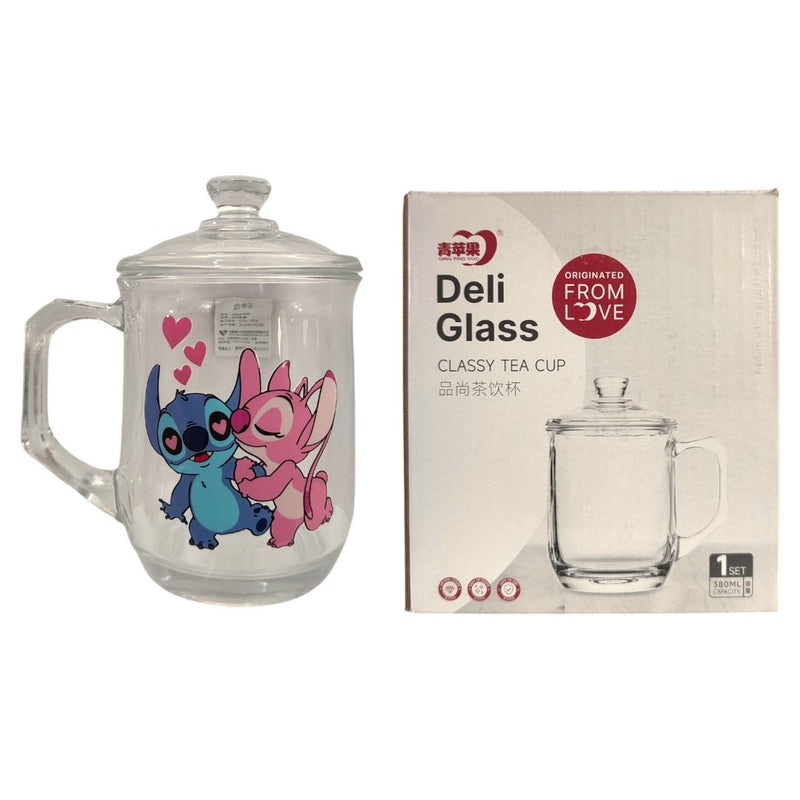Caneca de Vidro 380ML Com Tampa Stitch Angel e Love Presente Leite Chá Café Disney