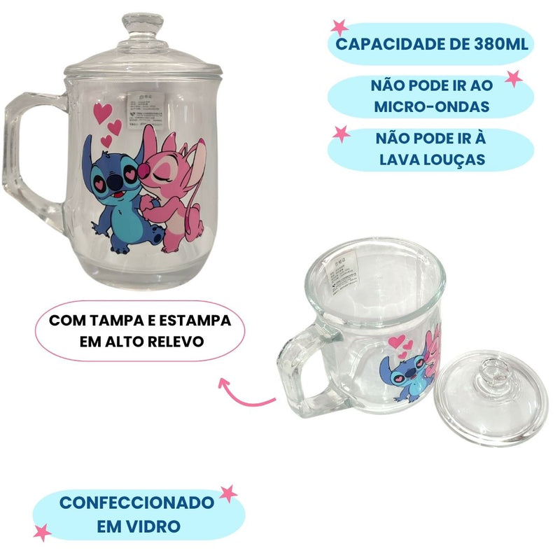 Caneca de Vidro 380ML Com Tampa Stitch Angel e Love Presente Leite Chá Café Disney