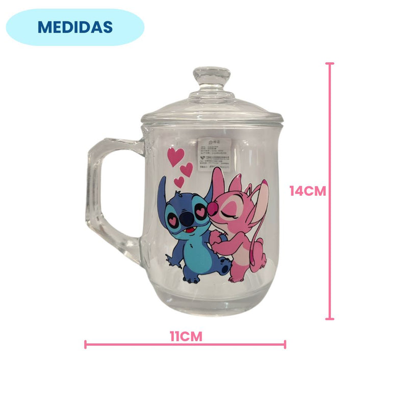Caneca de Vidro 380ML Com Tampa Stitch Angel e Love Presente Leite Chá Café Disney