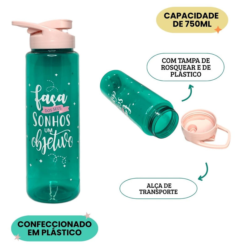 Garrafa Água Squeeze 750 ml Faça Dos Seus Sonhos Objetivo Caminhada Academia Gym Sude Presentes