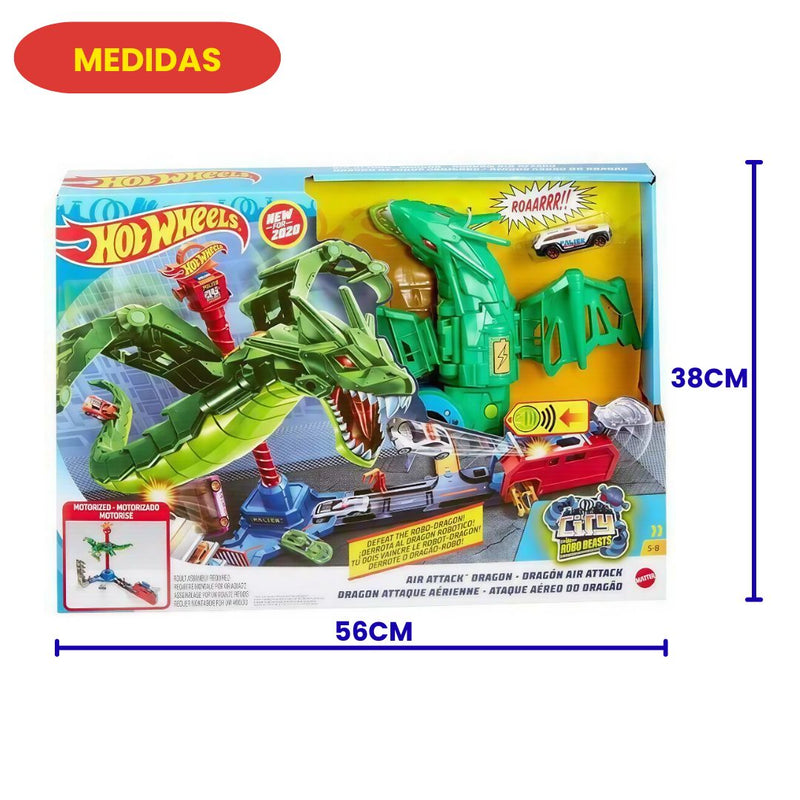 Brinquedo Pista Grande de Percurso Hot Wheels Ataque Aéreo do Dragão Verde Criança Diversão Som Megalomania