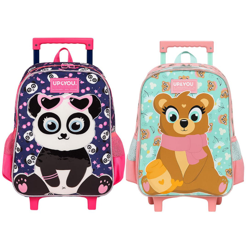 Mochila de Rodinhas Infantil Urso Panda Marrom Escola Meninas Passeio Creche Criança Volta Aulas Ponto Criativo