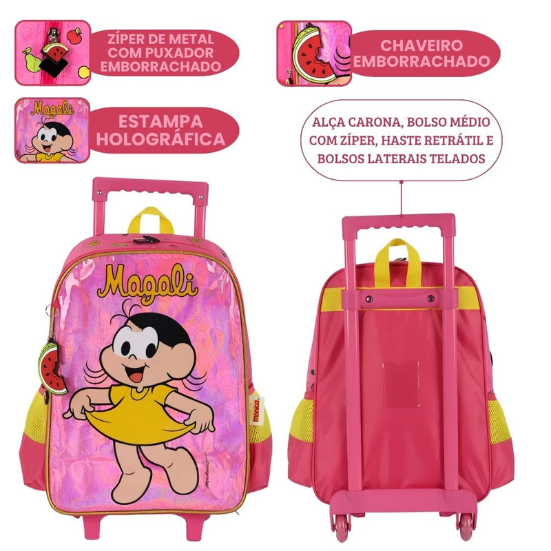 Mochila de Carrinho Turma da Mônica Magali Infantil Volta as Aulas Menina Espaçosa Escolar