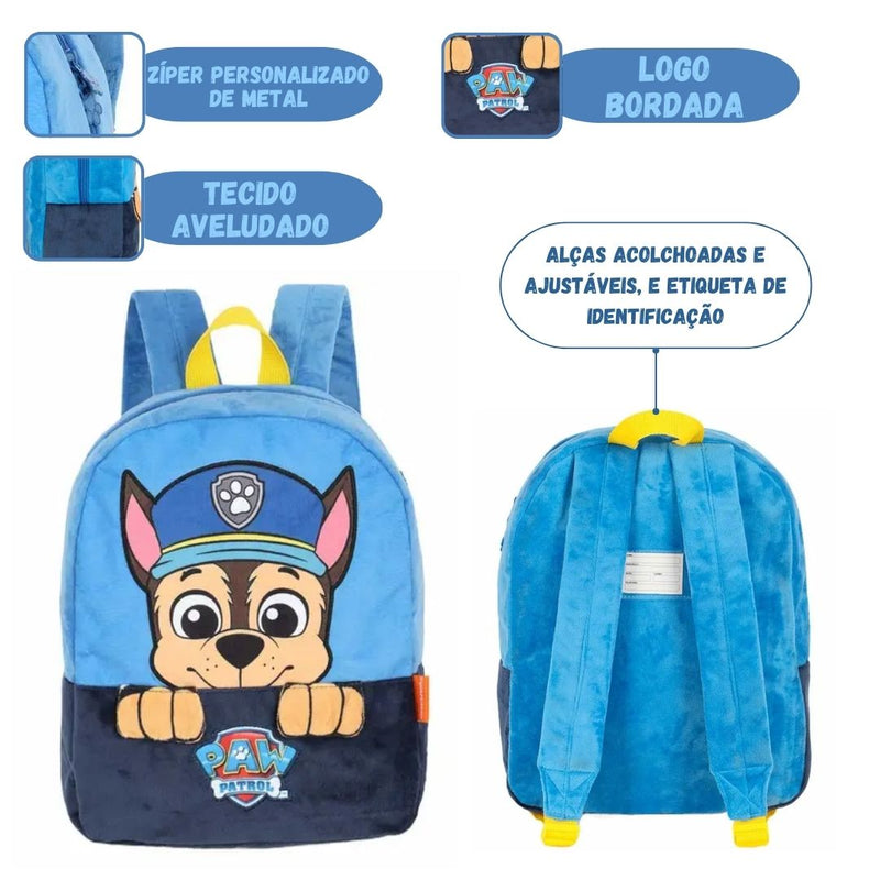 Mochila de Costas Patrulha Canina Veludo Infantil Volta as Aulas Passeio Chase Marshall Criança