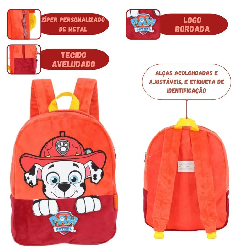 Mochila de Costas Patrulha Canina Veludo Infantil Volta as Aulas Passeio Chase Marshall Criança