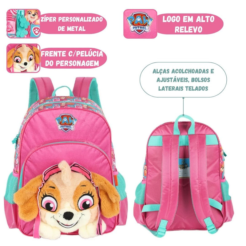 Mochila de Costas Juvenil Desenho Patrulha Canina Skye e Rubble Unissex Escolar Passeio