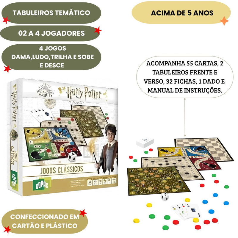 Jogos Clássicos Tabuleiro Harry Potter Bruxo Hogwarts WB Dama Ludo Trilha Sobe Desce Diversão Brinquedo Infantil Adulto