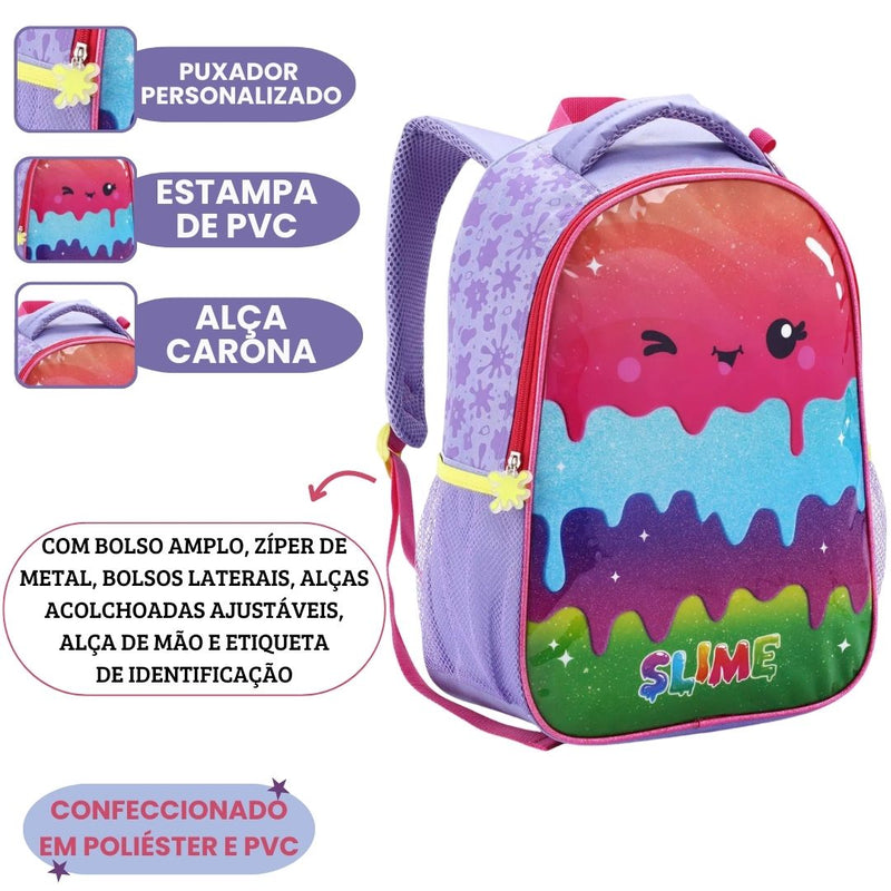 Kit Mochila Costas Infantil Slime Escolar Lancheira Estojo Mochila Volta as Aulas Menina Passeio