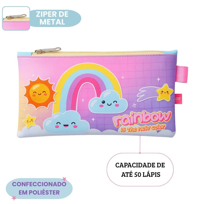 Kit Mochila de Costas Lancheira Estojo Garrafa Squeeze Infantil Arco Íris Escolar Passeio Volta Aula
