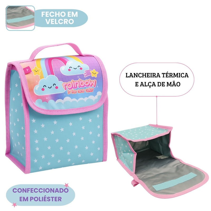 Kit Mochila de Costas Lancheira Estojo Garrafa Squeeze Infantil Arco Íris Escolar Passeio Volta Aula