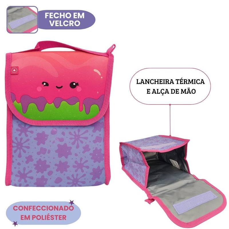Kit Mochila Costas Infantil Slime Escolar Lancheira Estojo Mochila Volta as Aulas Menina Passeio