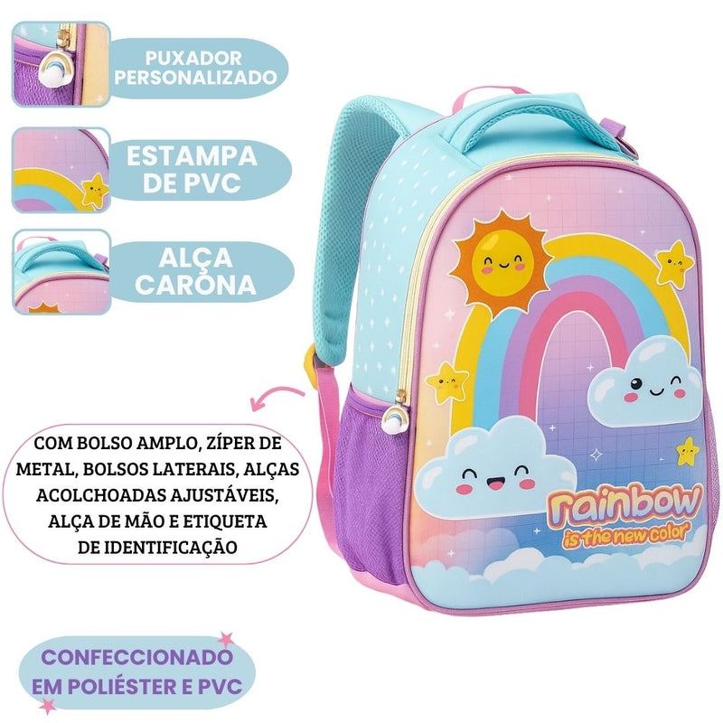 Kit Mochila de Costas Lancheira Estojo Garrafa Squeeze Infantil Arco Íris Escolar Passeio Volta Aula