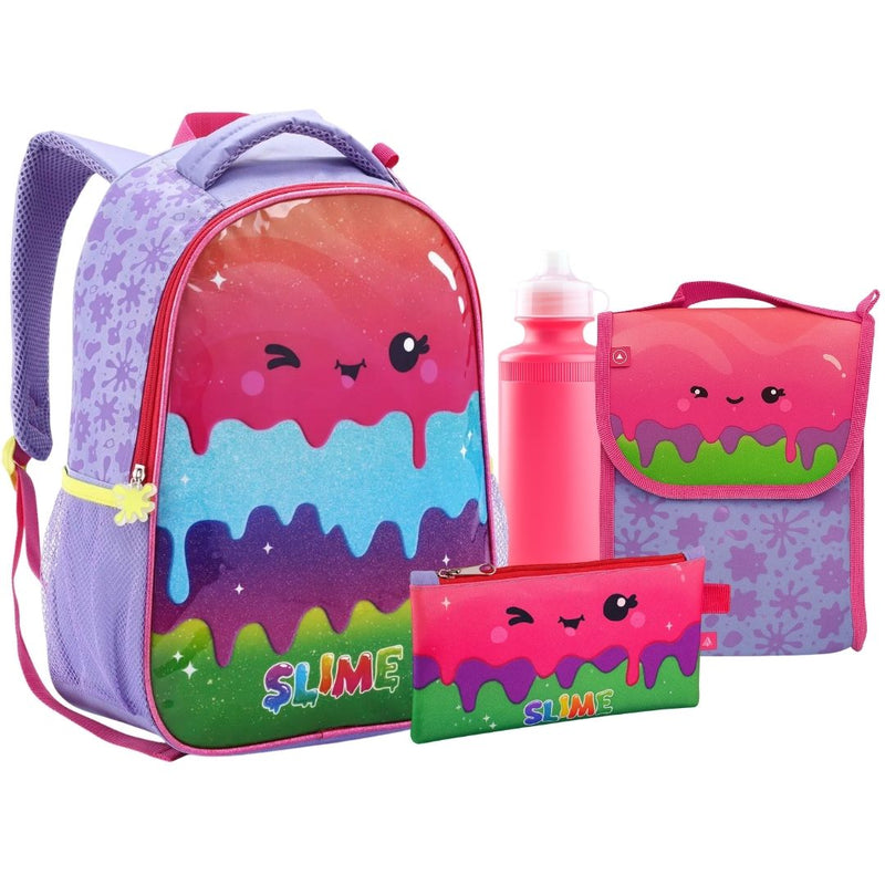 Kit Mochila Costas Infantil Slime Escolar Lancheira Estojo Mochila Volta as Aulas Menina Passeio