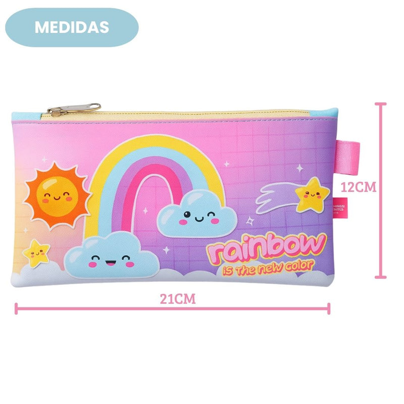 Kit Mochila de Costas Lancheira Estojo Garrafa Squeeze Infantil Arco Íris Escolar Passeio Volta Aula