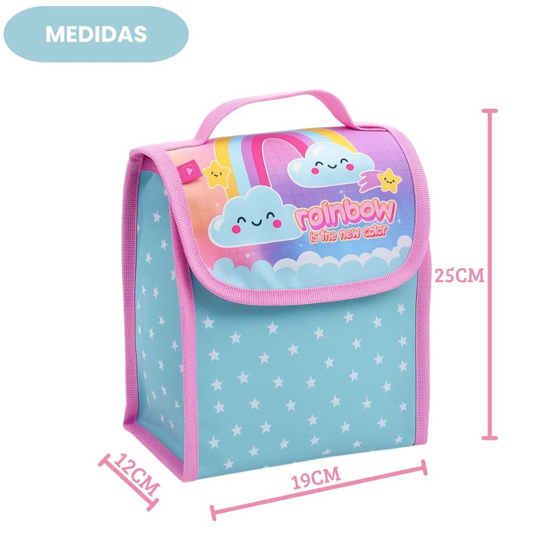Kit Mochila de Costas Lancheira Estojo Garrafa Squeeze Infantil Arco Íris Escolar Passeio Volta Aula