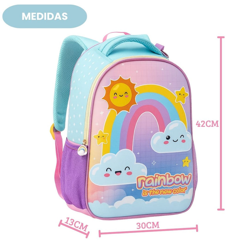 Kit Mochila de Costas Lancheira Estojo Garrafa Squeeze Infantil Arco Íris Escolar Passeio Volta Aula