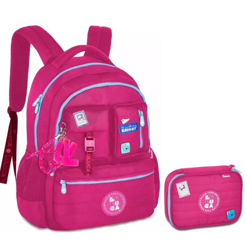Kit Mochila Costa Luluca Rosa Estojo Box 100 Pens 36 Elástico Reforçada Original Escolar Feminina