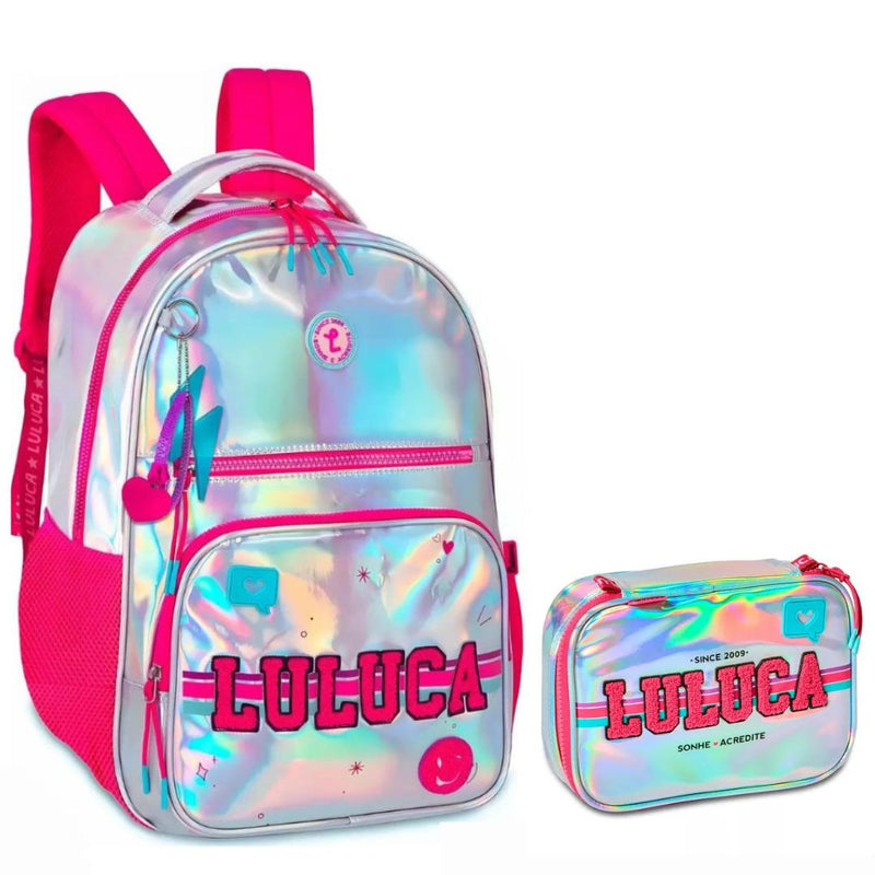 Kit Mochila de Costas Holografico Luluca Estojo Box 100 pens Youtuber Feminina Escolar Notebook