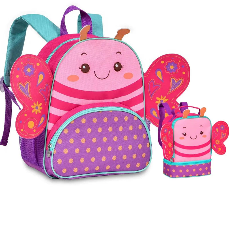 Kit Mochila de Costas Mala Bolsa Lancheira Térmica Infantil Menina Borboleta Rosa Criança Pets Clio Megalomania