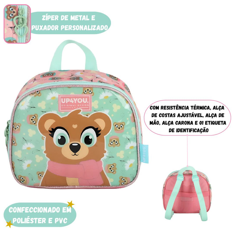 Lancheira Térmica Infantil Urso Panda Marrom Meninas Escolar Creche Passeio Crianças Costas