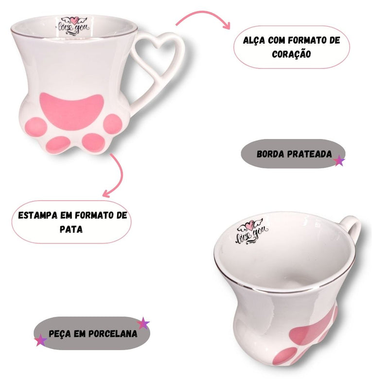 Caneca de Porcelana 300ml Gatinho Pata Presente Café Chá Leite Xícara Asa Coração Ponto Criativo