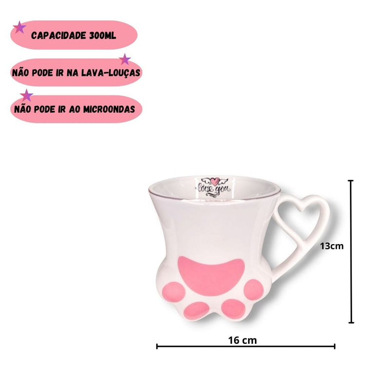 Caneca de Porcelana 300ml Gatinho Pata Presente Café Chá Leite Xícara Asa Coração Ponto Criativo