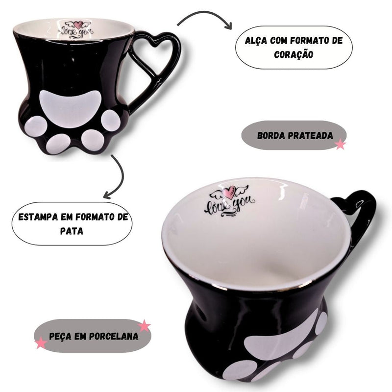 Caneca de Porcelana 300ml Gatinho Pata Presente Café Chá Leite Xícara Asa Coração Ponto Criativo