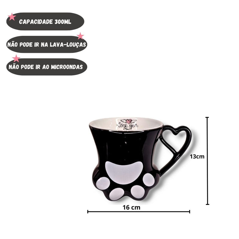 Caneca de Porcelana 300ml Gatinho Pata Presente Café Chá Leite Xícara Asa Coração Ponto Criativo