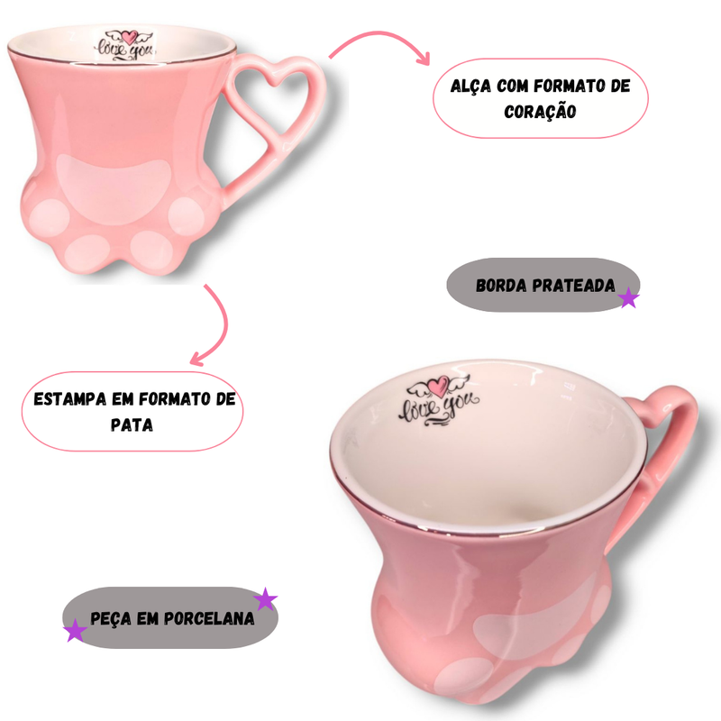 Caneca de Porcelana 300ml Gatinho Pata Presente Café Chá Leite Xícara Asa Coração Ponto Criativo