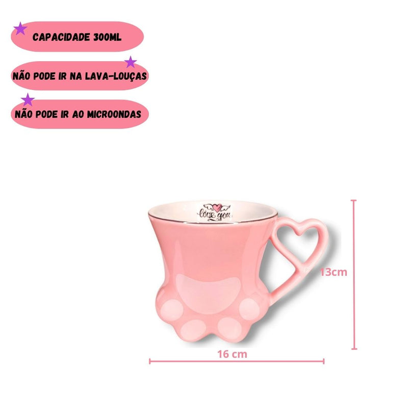Caneca de Porcelana 300ml Gatinho Pata Presente Café Chá Leite Xícara Asa Coração Ponto Criativo