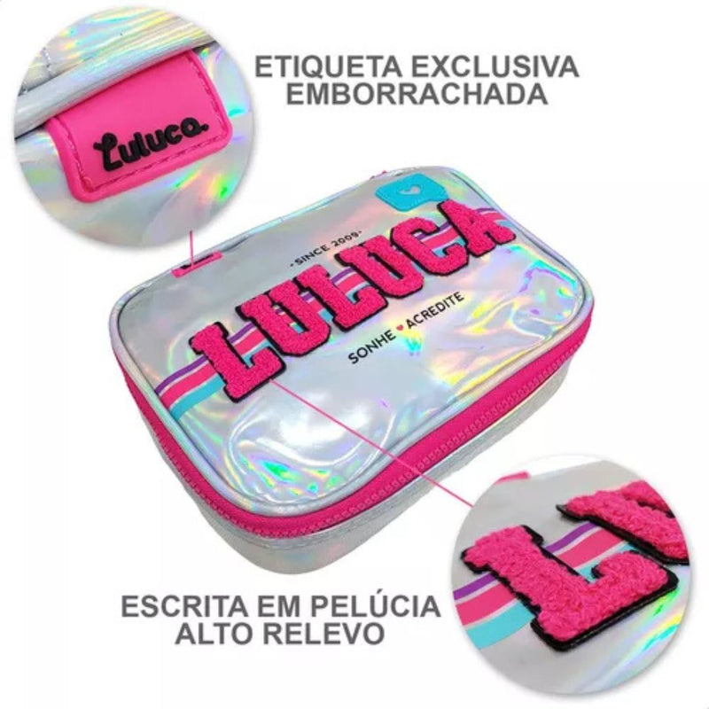 Kit Mochila de Costas Holografico Luluca Estojo Box 100 pens Youtuber Feminina Escolar Notebook