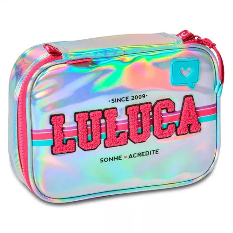 Kit Mochila de Costas Holografico Luluca Estojo Box 100 pens Youtuber Feminina Escolar Notebook
