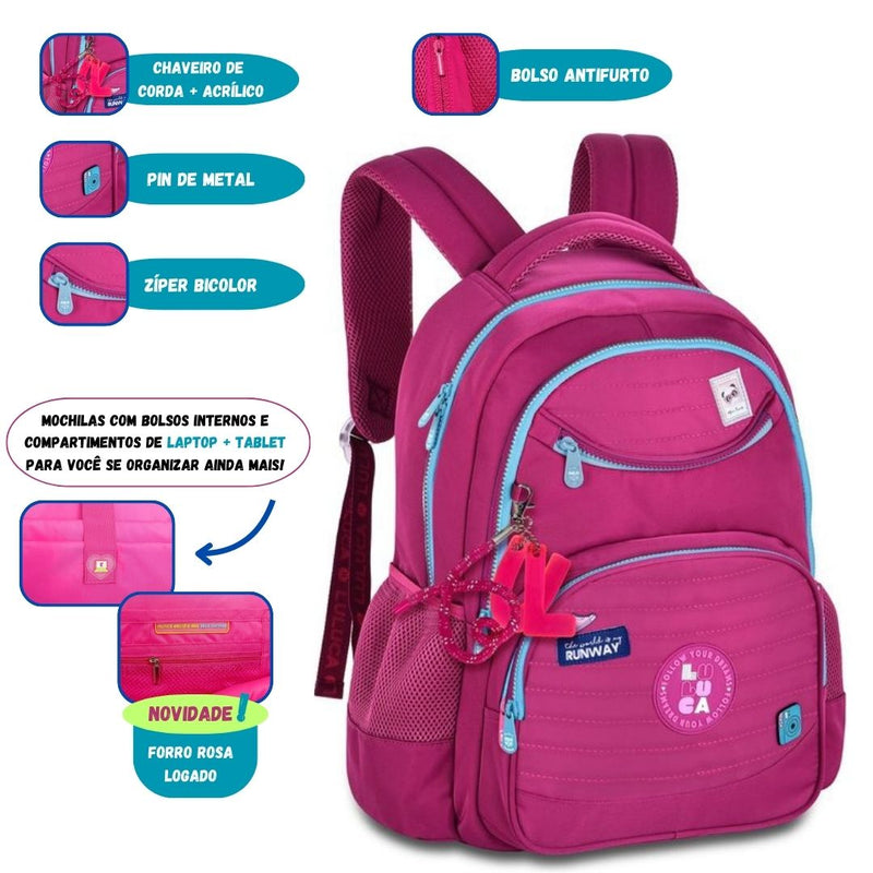 Kit Mochila de Costas Luluca Rosa Resistente Notebook Antifurto Escolar Feminina