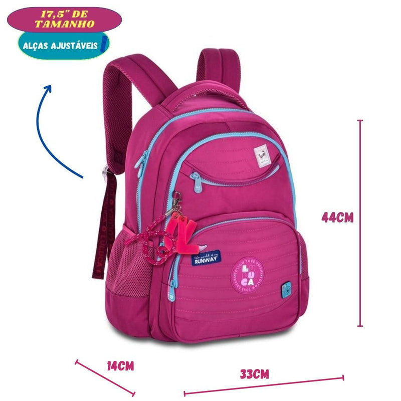 Kit Mochila de Costas Luluca Rosa Resistente Notebook Antifurto Escolar Feminina