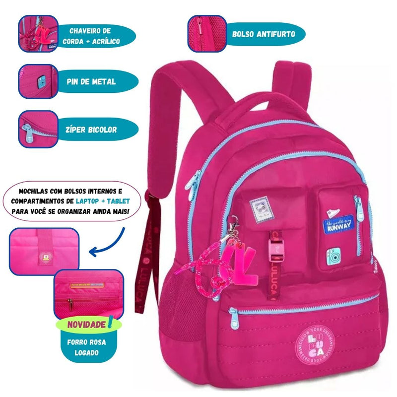 Kit Mochila Costa Luluca Rosa Estojo Box 100 Pens 36 Elástico Reforçada Original Escolar Feminina