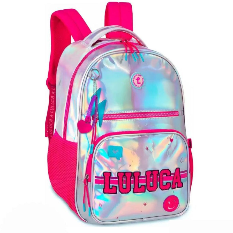 Kit Mochila de Costas Holografico Luluca Estojo Box 100 pens Youtuber Feminina Escolar Notebook