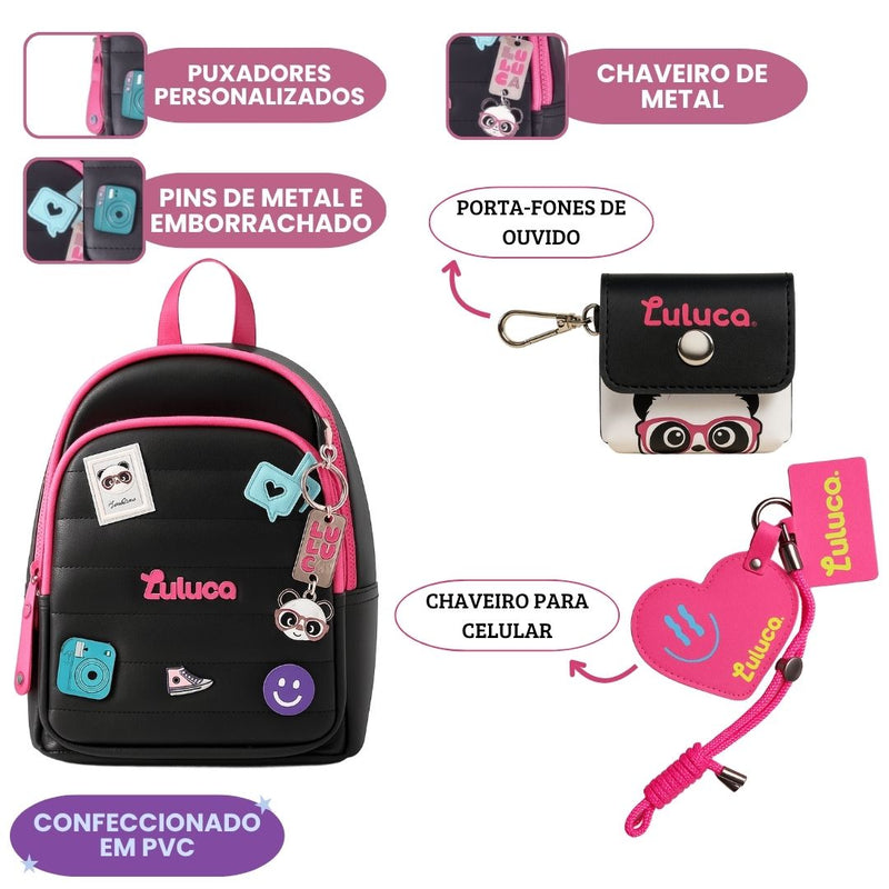 Mini Mochila Luluca Com Porta Fone De Ouvido e Chaveiro Espelho Infantil Meninas Feminino Passeio