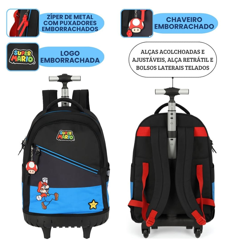 Mochila de Rodinhas Super Mario Gamer Volta as Aulas Jogo Nintendo Juvenil Meninos Espaçosa